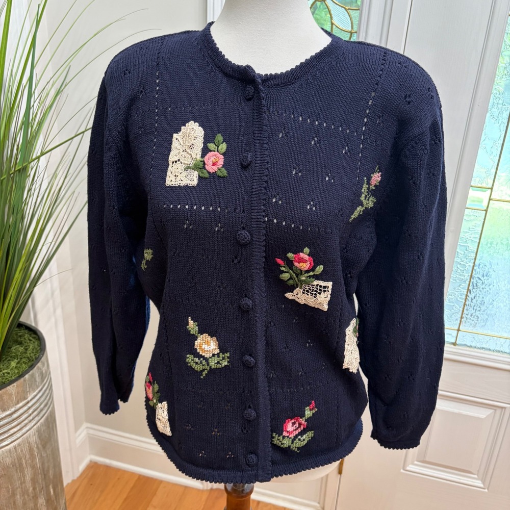 Susan Bristol Vintage 1993 Floral Embroidered Lace Cardigan Navy Blue Large